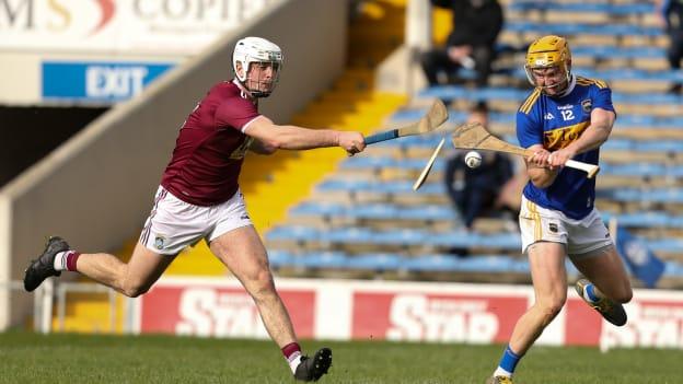 Cian D'Arcy, Tipperary, and Conor Shaw, during the Allianz Hurling League encounter at Semple Stadium.