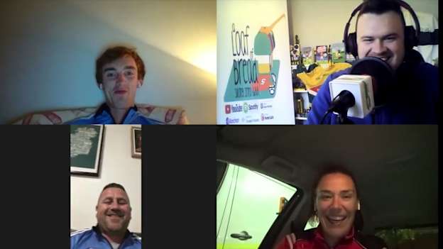 Jason Keelan, top right, chatting with Colin, Linda and Liam from New South Wales GAA on his Loaf of Bread Podcast. 