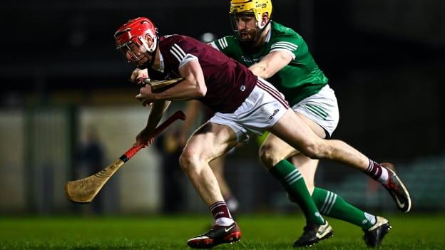 Ronan Glennon, Galway, and Seamus Flanagan, Limerick, in Allianz Hurling League action.