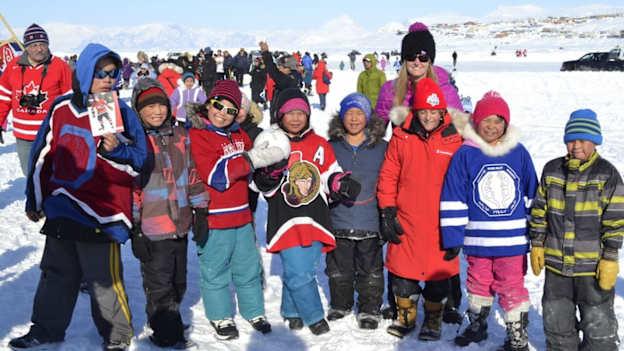 Kerry Mortimer pictured sharing her love of Gaelic Football with local children while on an expedition to the Canadian Arctic.