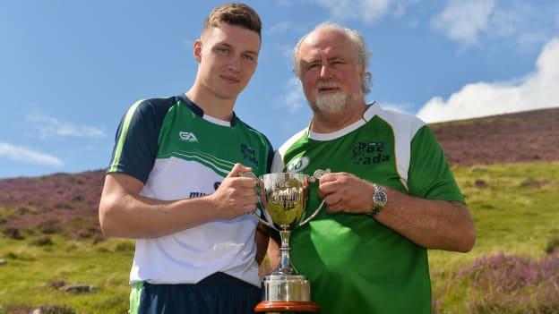 Cathal Kiely, with Poc Fada sponsor Martin Donnelly of MD Sport, after winning the U16 title in 2016.