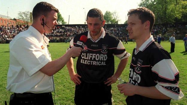 Anthony Hennigan interviewing Eamonn O Hara and Gerry McGowan after Sligo defeated New York in 2002.