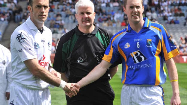 Killian Brennan, Kildare, and Dara Ó hAinnaidh, Wicklow, pictured with referee John Bannon before the game at Croke Park.