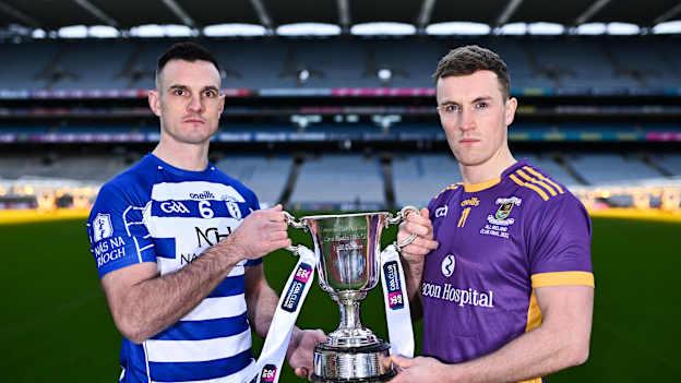 Naas football captain Eoin Doyle and Kilmacud Crokes football captain Shane Cunningham during the launch of the 2023 AIB GAA Leinster Senior Club Championship Finals at Croke Park in Dublin. Photo by Piaras Ó Mídheach/Sportsfile.