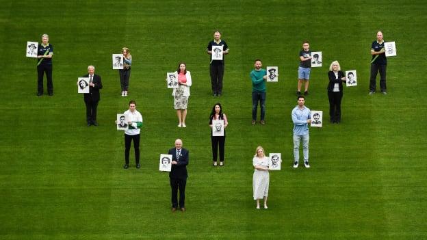 The team at the GAA Museum remember the 14 victims who lost their lives in the Bloody Sunday tragedy 100 years on at the launch of the GAA Museum’s Bloody Sunday centenary events series at Croke Park. Pictured here are, back row, from left, Croke Park Tour Guide Aran O’Reilly, Croke Park Chief Steward Mick Leddy, Alannah Behan from Glasnevin in Dublin, Tipperary footballer Bill Maher, Uachtarán Chumann Lúthchleas Gael John Horan, Dr. Siobhán Doyle of TU Dublin, Director of the GAA Museum Niamh McCoy, Croke Park Tour Guide Martin Healy, GAA Museum Education & Events Manager, Julianne McKeigue, a descendent of Tipperary footballer Michael Hogan who was killed during the Bloody Sunday attack, Artist David Sweeney, Dublin footballer Michael Darragh MacAuley, Michael McLoughlin of Glasnevin in Dublin, Croke Park Deputy Chief Steward Mairead O’Carroll and Croke Park Tour Guide Gerry McGarry all holding drawings of the 14 victims of the tragedy. 