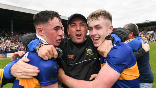 Tipperary manager James Woodlock celebrates with Adam Daly, left, and Tadhg Sheehan after the Electric Ireland GAA Hurling All-Ireland Minor Championship Final match between Tipperary and Offaly at UPMC Nowlan Park, Kilkenny. 