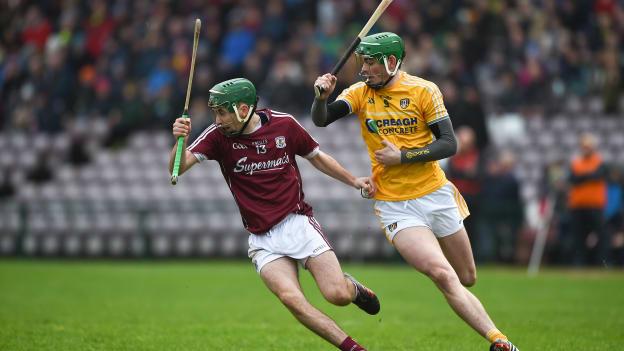 Brian Concannon, Galway, and Gerald Walsh, Antrim, in action at Pearse Stadium, Galway.