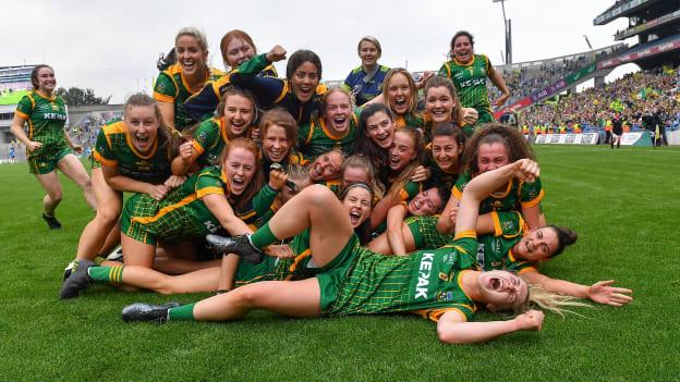 Meath players celebrate after their side's victory in the TG4 All-Ireland Ladies Senior Football Championship Final match between Dublin and Meath at Croke Park in Dublin. 