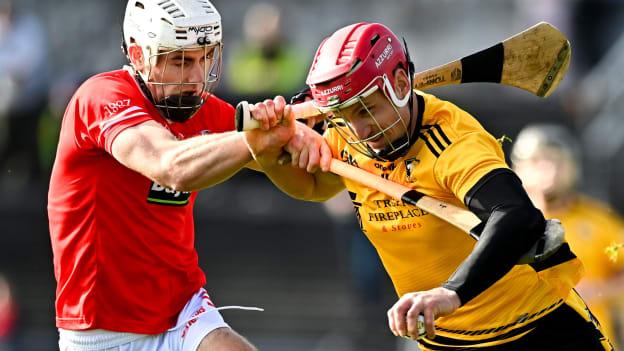 John Conlon, Clonlara, and Diarmid Mullins, Crusheen, in Clare SHC Final action at Cusack Park. Photo by Eóin Noonan/Sportsfile