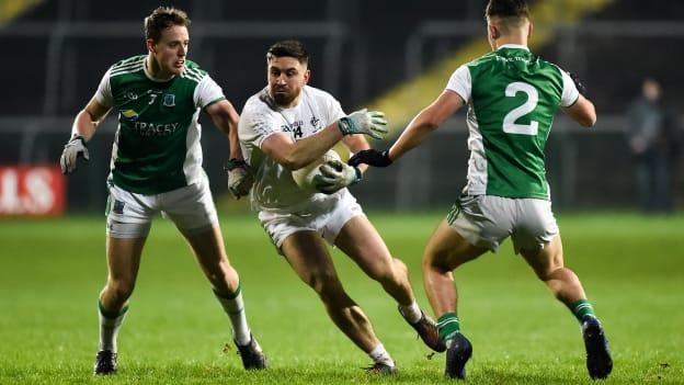Ben McCormack of Kildare in action against Lee Cullen, left, and Jonny Cassidy of Fermanagh during the Allianz Football League Division 2 Round 3 match between Fermanagh and Kildare at Brewster Park in Enniskillen, Fermanagh. 