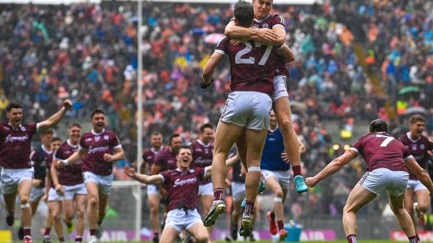 Rob Finnerty and Matthew Tierney celebrate following Galway's dramatic All-Ireland SFC quarter-final penalty shootout win over Armagh at Croke Park.