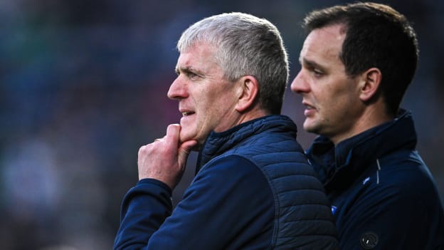 John Kiely and Paul Kinnerk watching Limerick's Munster SHC clash against Clare in April at TUS Gaelic Grounds. Photo by Piaras Ó Mídheach/Sportsfile