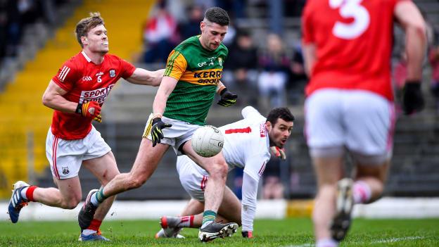 Paul Geaney scoring a goal for Kerry against Cork at Fitzgerald Stadium.