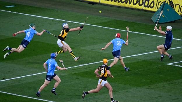TJ Reid of Kilkenny shoots to score his side's second goal during the Leinster GAA Hurling Senior Championship Semi-Final match between Dublin and Kilkenny at Croke Park in Dublin.