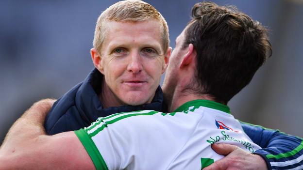 Ballyhale Shamrocks manager Henry Shefflin celebrates with Colin Fennelly after the 2020 AIB GAA Hurling All-Ireland Senior Club Championship Final between Ballyhale Shamrocks and Borris-Ileigh at Croke Park in Dublin.