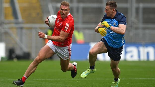 Conor Grimes, Louth, and John Small, Dublin, during the 2023 Leinster SFC Final at Croke Park. Photo by Seb Daly/Sportsfile