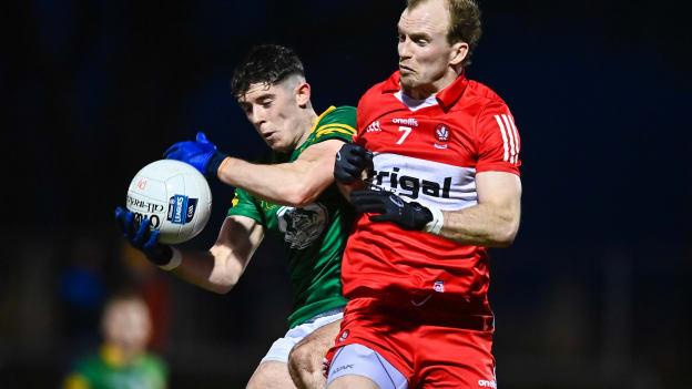 Jason Scully, Meath, and Padraig Cassidy, Derry, in Allianz Football League Division Two action. Photo by Ben McShane/Sportsfile
