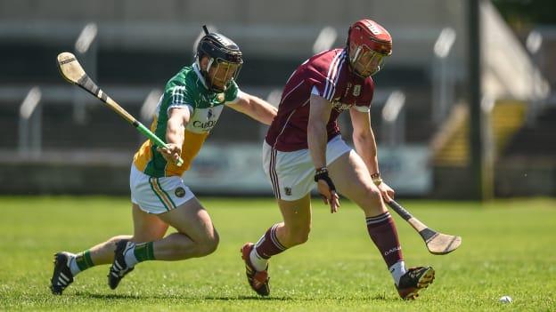 Sean Ryan, Offaly, and Conor Whelan, Galway, in action at O Moore Park, Portlaoise.