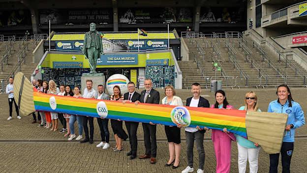 On Saturday the 25th of June, the Gaelic Games family encourage all clubs to show their visibility on pride weekend and express solidarity with those who are LGBTQI+. At the launch are GAA President Larry McCarthy, Ard Stiúrthóir of the GAA Tom Ryan, Diversity and Inclusion officer Ger McTavish, Community and Health Manager Colin Regan, Museum Direction Niamh McCoy, Camogie CEO Sinéad McNulty, Kildare Camogie Player Niamh Hegarty, Donal Og Cusack and Maria Kinsella, GPA, Ladies Gaelic Football CEO Helen O’Rourke, Dublin player Hannah Tyrell, referee David Gough, National Development Officer Vinny Wheelan, Dublin Pride Chairperson and Director Philippa Ryder and Grand Marshal for the Parade Rachel McCoy, GAA Communications, GAA Museum and GAA operations Staff during the GAA, LGFA, Camogie, GPA- Walk with us with PRIDE activity at Croke Park in Dublin. The Gaelic Games Associations would like to invite all to walk with then in Dublin Pride Parade on Saturday, June 25.