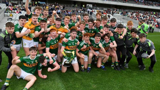 The Kerry team celebrate with the cup after their Electric Ireland Munster GAA Football Minor Championship Final victory over Cork. 