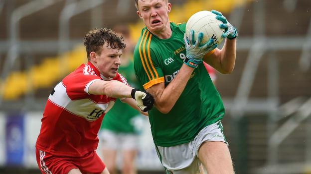 Cian McBride of Meath in action against Enda Downey of Derry during the 2018 Electric Ireland GAA Football All-Ireland Minor Championship Quarter-Final match between Meath and Derry at the Athletic Grounds in Armagh. Photo by Oliver McVeigh/Sportsfile.