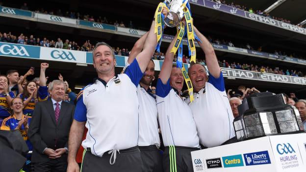 Tipperary manager Michael Ryan, left, lifts the Liam MacCarthy Cup with his selectors, Declan Fanning, Conor Stakelum and John Madden after victory over Kilkenny in the 2016 All-Ireland SHC Final. 
