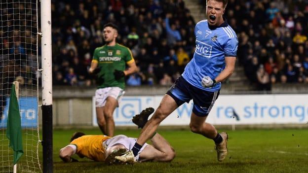 Robbie McDaid of Dublin celebrates after scoring his side’s goal during the Bord na Mona O'Byrne Cup semi-final match between Dublin and Meath at Parnell Park in Dublin.