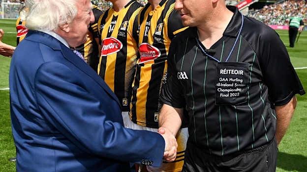 President of Ireland Michael D Higgins meets referee Colm Lyons before the GAA Hurling All-Ireland Senior Championship Final match between Kilkenny and Limerick at Croke Park in Dublin.