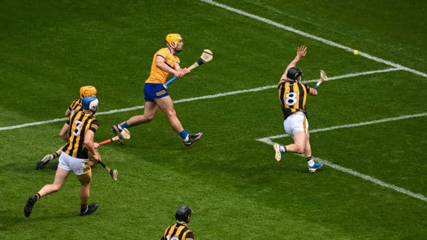 Conor Fogarty maks a last-ditch block that stops Mark Rodgers' goal-bound shot in the All-Ireland SHC semi-final. 