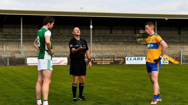 Fermanagh's Eoin Donnelly, referee James Bermingham, and Clare's Eoin Cleary before the Allianz Football League Division Two encounter at Cusack Park last month.