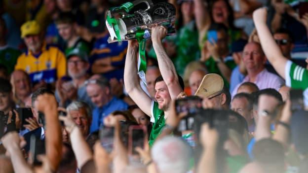 Declan Hannon lifts the cup after Limerick's Munster SHC Final victory over Clare. 