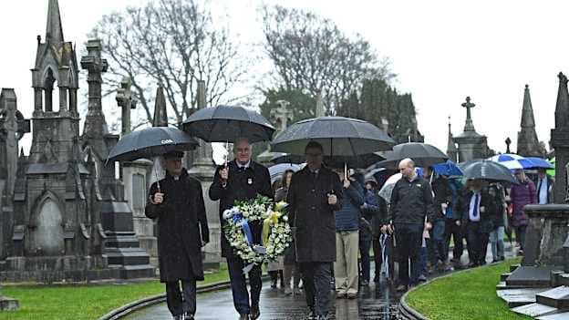 Uachtarán Cumann Lúthchleas Gael John Horan, centre, with Monsignor Eoin Thynne, left, and Ard Stiúrthóir of the GAA Tom Ryan at the unveiling of headstones on the graves of Jerome O’Leary, 10, Michael Feery, 40, and Patrick O’Dowd, 57, who are among the 14 people killed at Croke Park.