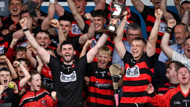Stephen O'Keeffe, left, and Philip Mahony of Ballygunner lift the cup after the Waterford County Senior Club Hurling Championship Final match between De La Salle and Ballygunner at Walsh Park in Waterford. Photo by David Fitzgerald/Sportsfile.