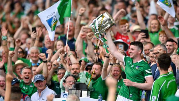 Limerick captain Declan Hannon Iifts the Liam MacCarthy Cup at Croke Park.