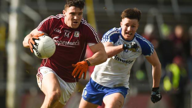 Damien Comer, Galway, and Dessie Ward, Monaghan, during an Allianz Football League clash at Pearse Stadium in March.