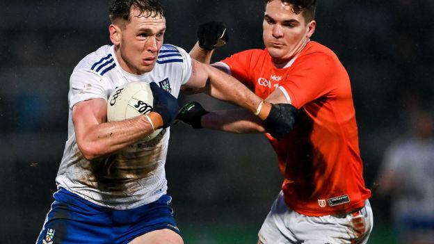 Niall Kearns, Monaghan, and Jarly Óg Burns, Armagh, in Allianz Football League action at the Athletic Grounds.