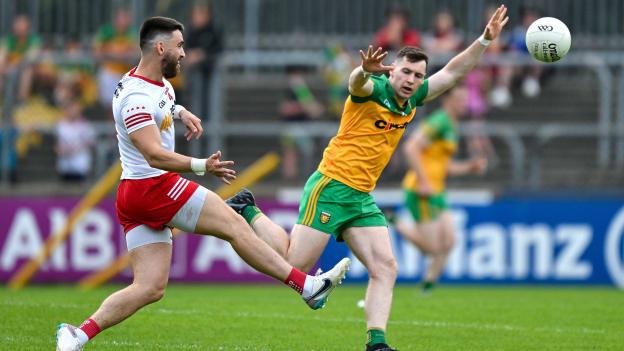 Pádraig Hampsey, Tyrone, and Jamie Brennan, Donegal, in All-Ireland SFC action at MacCumhaill Park. Photo by Brendan Moran/Sportsfile