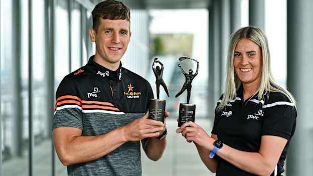 PwC GAA/GPA Player of the Month for May winner Derry footballer Shane McGuigan and PwC GPA Women’s Player of the Month for May winner Down camogie player Dearbhla Magee. Photo by Sam Barnes/Sportsfile