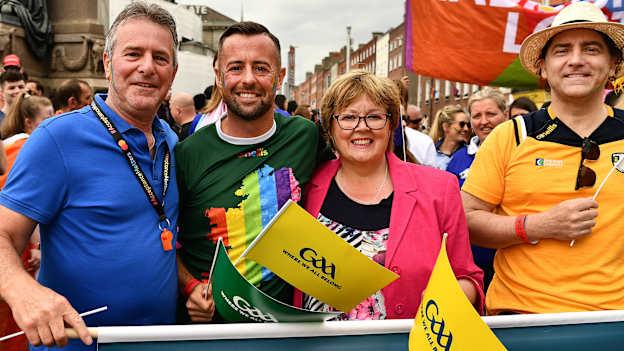 Inter-county GAA referee David Gough, his mother Jacinta and dad Eugene and singer-songwriter and author Brian Kennedy, right, among the GAA group during the Dublin Pride Parade 2019 at O'Connell Street in Dublin. Photo by Ray McManus/Sportsfile