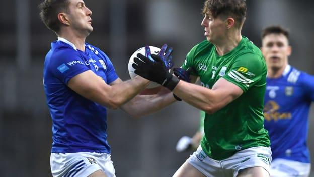 Killian Clarke of Cavan and Darragh McGurn of Fermanagh battle for possession during the Allianz Football League Division 3 Final match between Cavan and Fermanagh at Croke Park in Dublin. 