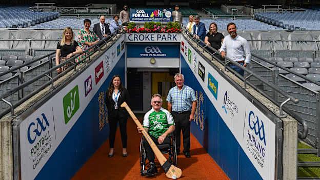 In attendance at the announcement of the GAA's first National Inclusive Fitness Day at Croke Park in Dublin are, clockwise from left, Aoife Reilly, GAA Healthy Club Administrator, MEP Maria Walsh, Brian Armitage, Chairman, GAA For All National Committee, Anne Rabbitte T.D., Minister of State, Department of Children, Disability, Equality and Integration with responsibility for Disability, GAA Ambassador and Westmeath footballer Boidu Sayeh, GAA Ambassador and Leitrim hurler Zak Moradi, Karen Coventry of Special Olympics, Niall Muldoon, Ombudsman for Children, Caroline Flynn, BeLonG To Youth Services, GAA Community and Health Manager Colin Regan, Leinster wheelchair hurler Sean Bennett, and GAA Diversity and Inclusion officer Geraldine McTavish.