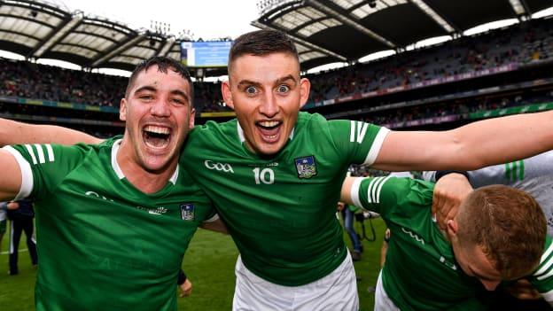 Seán Finn, left, and Gearóid Hegarty of Limerick celebrate after the GAA Hurling All-Ireland Senior Championship Final match between Cork and Limerick in Croke Park, Dublin. 