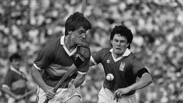 Nicky English, Tipperary, is tackled Cork's Denis Walsh in the 1987 Munster SHC Final replay. 