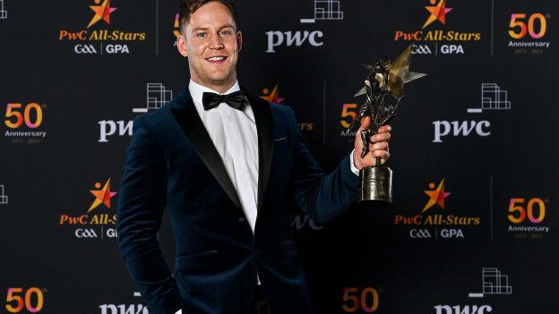 Tyrone's Kieran McGeary pictured with his PwC GAA/GPA All-Stars Footballer of the Year award. 