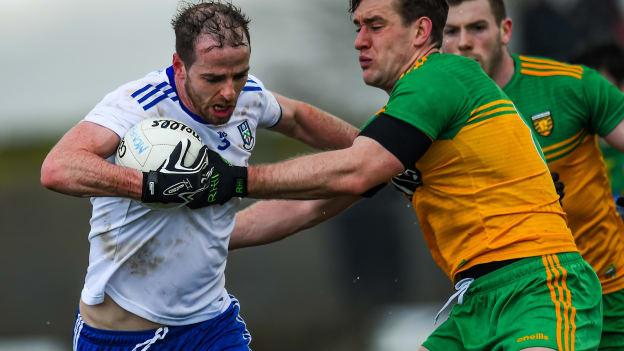 Conor Boyle, Monaghan, and Hugh McFadden, Donegal, in Allianz Football League Division One action in Ballyshannon.