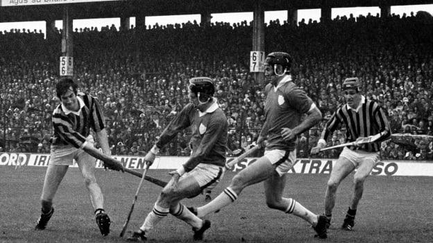 Mick Crotty, Kilkenny, with team mate Jim Lynch, extreme right, has a shot blocked by Éamonn Cregan and Pat Hartigan of Limerick during the 1973 All Ireland Hurling Final at Croke Park.