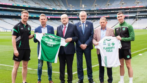 Pic 1: David, Brendan and Conor Flaherty of Flaherty Fuels and Ferbane GAA pictured with Uachtarán CLG Larry McCarthy and senior players Joe Maher (left) and Kevin Nugent in Croke Park to mark the longest GAA club jersey sponsorship in existence, now in its 35th year.  