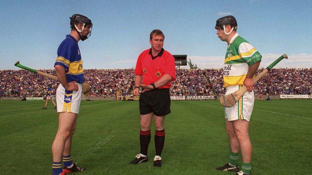 Joe Errity and Tommy Dunne stand in for the toss for the first ever senior championship meeting between Offaly and Tipperary in 2002. 
