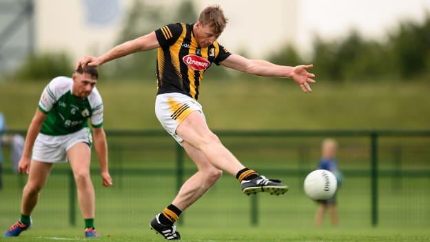 Mick Malone of Kilkenny shoots to score a goal during the 2022 GAA Football All-Ireland Junior Championship Semi-Final match between Kilkenny and London at the GAA National Games Development Centre in Abbotstown, Dublin. 