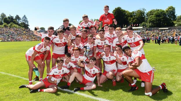 Derry celebrate after winning the 2018 EirGrid Ulster U-20 Football Final. 